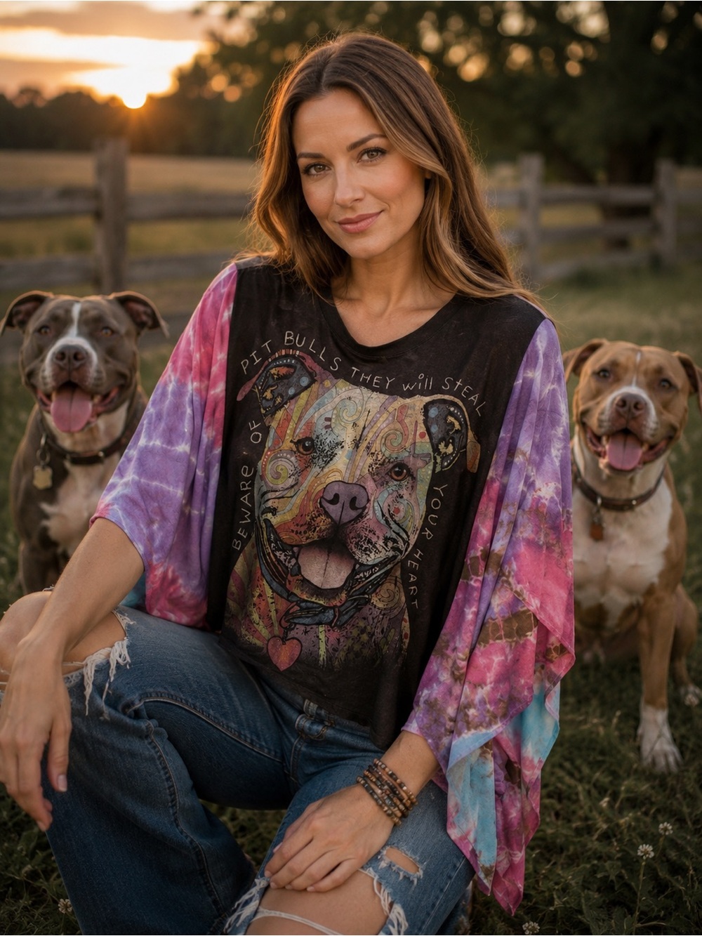 Pit Bull Upcycled T w/ tie dye sleeves  - OS